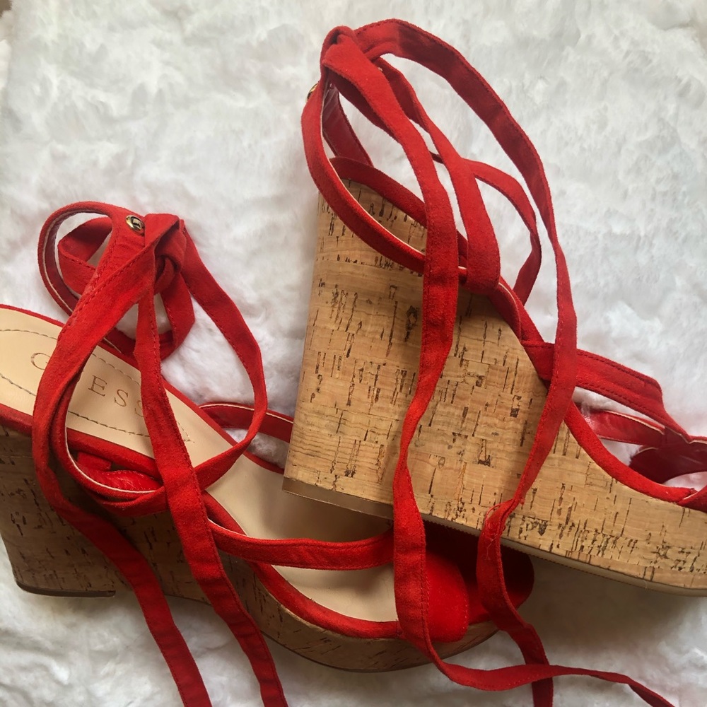 Lace up red wedges